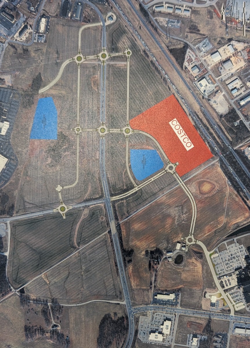The preliminary plan for roads through Freedom Farms, created by TTL. Vanderbilt Clarksville Hospital is to the south, and Governor's Square mall is to the west. (CMC EDC, contributed)1