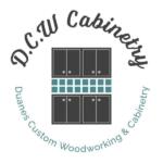 Logo for D.C.W. Cabinets featuring stacked cabinet illustrations with three upper doors, teal tile detail, and three lower doors, surrounded by curved text reading 'D.C.W Cabinets' and 'Duane's Custom Woodworking & Cabinetry'.