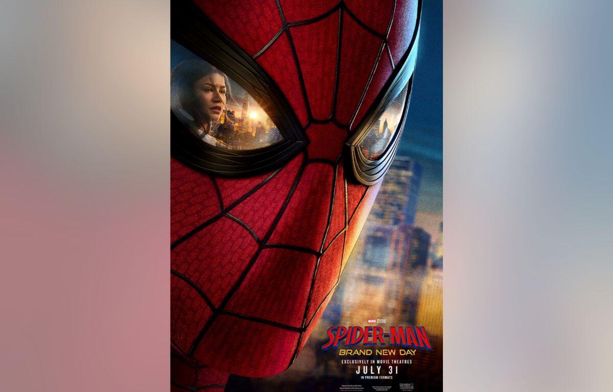 Close-up of Spider-Man’s red mask with a city skyline reflected in the eye lenses; film poster text at the bottom.