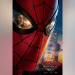 Close-up of Spider-Man’s red mask with a city skyline reflected in the eye lenses; film poster text at the bottom.