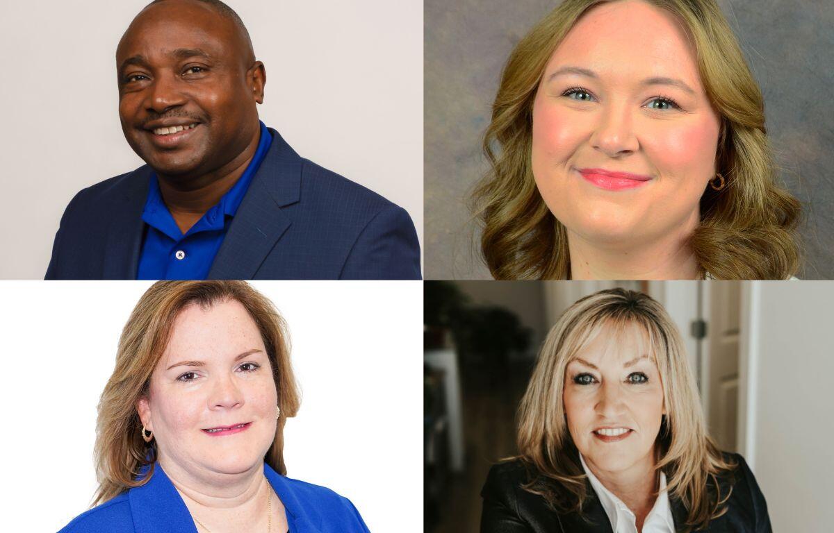 Collage of four professional headshots: top-left man in blue shirt and blazer; top-right smiling woman with wavy light brown hair; bottom-left woman in blue blazer; bottom-right woman in a blazer indoors.