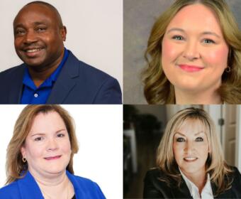Collage of four professional headshots: top-left man in blue shirt and blazer; top-right smiling woman with wavy light brown hair; bottom-left woman in blue blazer; bottom-right woman in a blazer indoors.