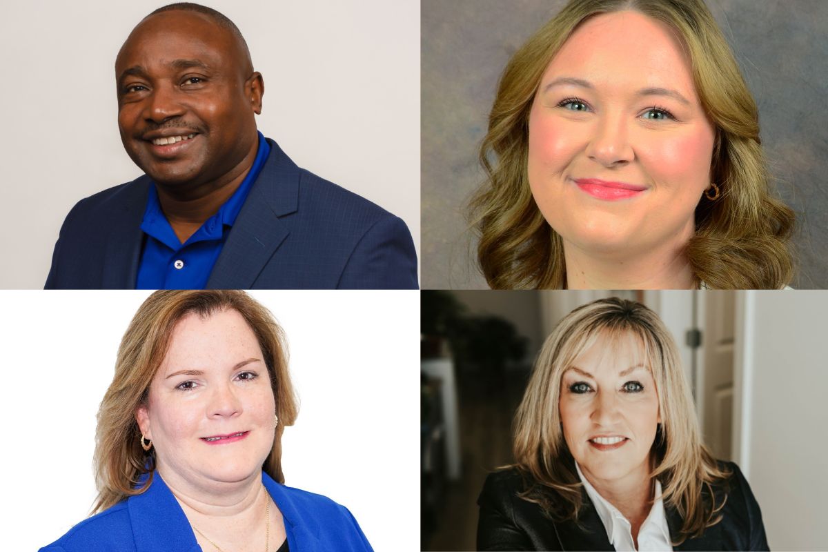 Collage of four professional headshots: top-left man in blue shirt and blazer; top-right smiling woman with wavy light brown hair; bottom-left woman in blue blazer; bottom-right woman in a blazer indoors.