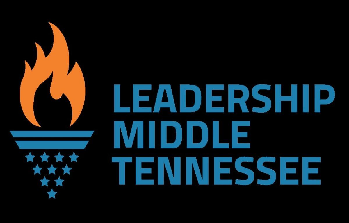 Leadership Middle Tennessee logo: orange flame above blue stripes and star cluster, with blue text 'Leadership Middle Tennessee' on black background