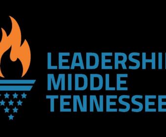 Leadership Middle Tennessee logo: orange flame above blue stripes and star cluster, with blue text 'Leadership Middle Tennessee' on black background