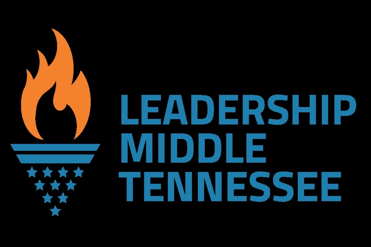 Leadership Middle Tennessee logo: orange flame above blue stripes and star cluster, with blue text 'Leadership Middle Tennessee' on black background