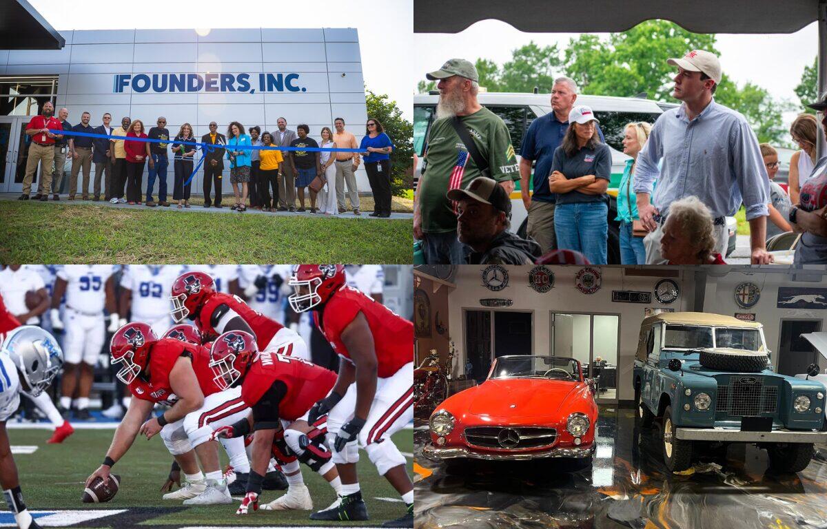 Clockwise from the top left, Founders Inc., Lone Oak Picnic, Clarksville Throttle museum, APSU football.