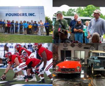 Clockwise from the top left, Founders Inc., Lone Oak Picnic, Clarksville Throttle museum, APSU football.
