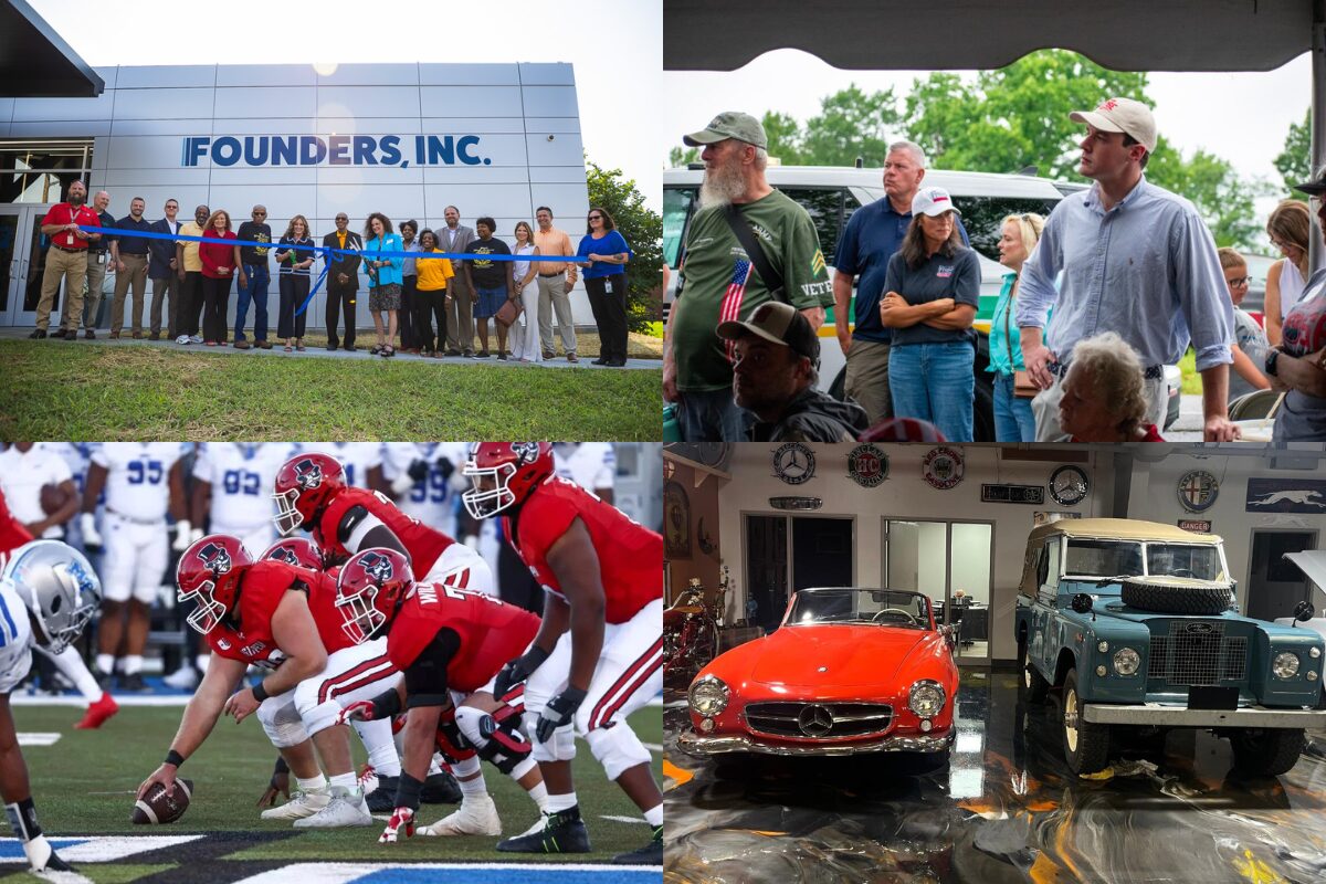 Clockwise from the top left, Founders Inc., Lone Oak Picnic, Clarksville Throttle museum, APSU football.