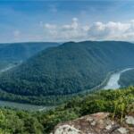 A panoramic view of a meandering river winding through forested green mountains, seen from a rocky cliff edge with plants in the foreground.