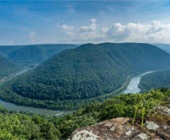 A panoramic view of a meandering river winding through forested green mountains, seen from a rocky cliff edge with plants in the foreground.