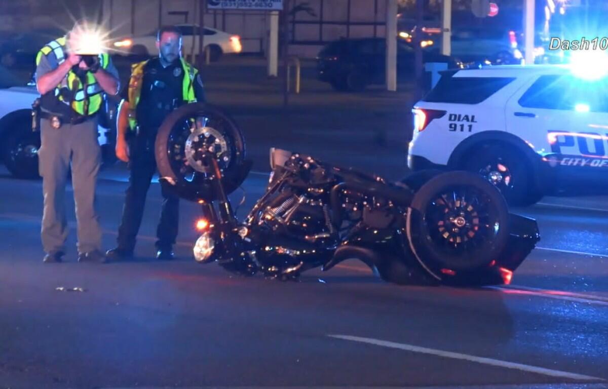 A motorcycle and car crashed on Providence Boulevard on July 29, 2026. (Enrique Hernandez, Dash 10 Media)