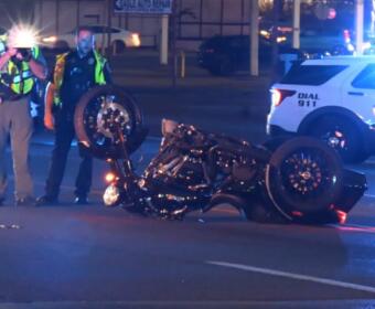 A motorcycle and car crashed on Providence Boulevard on July 29, 2026. (Enrique Hernandez, Dash 10 Media)