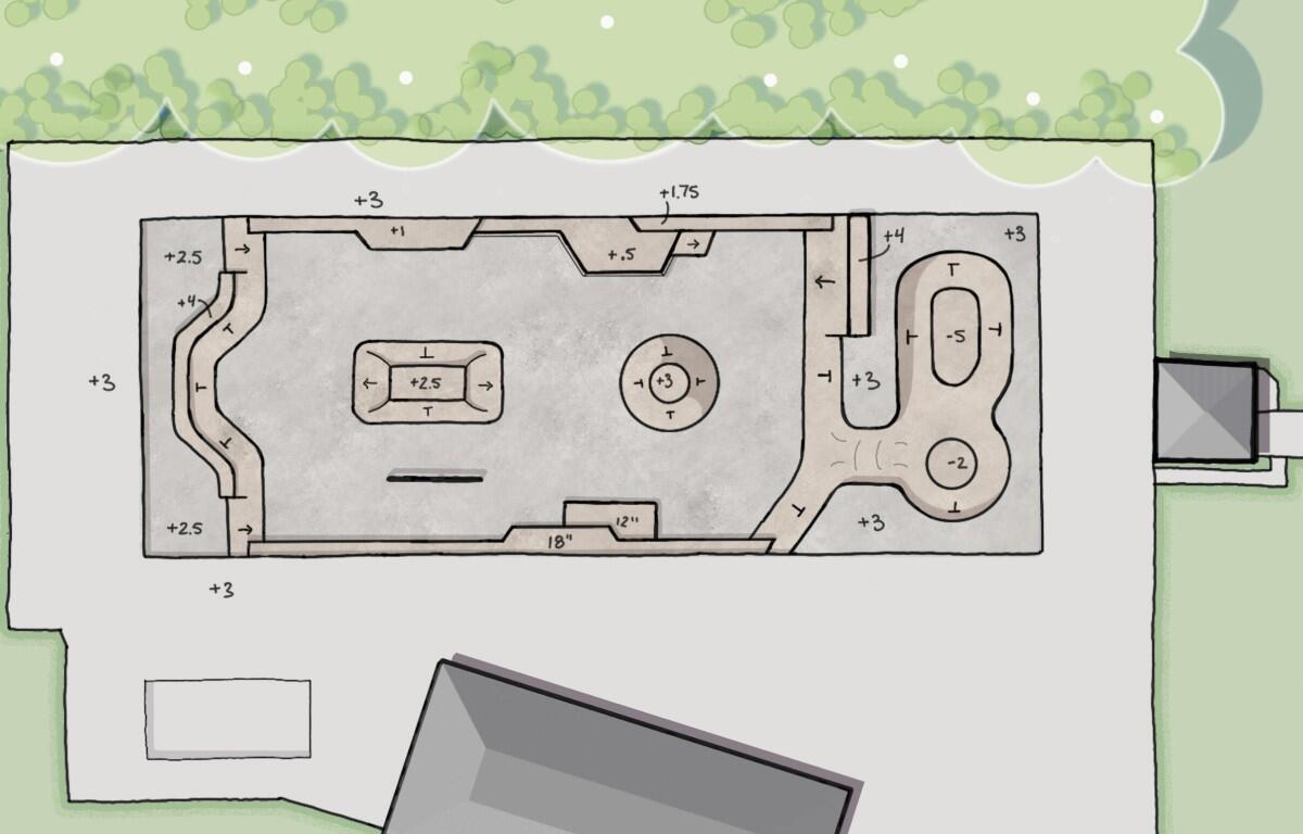The first concept design for the Bel-Aire Skatepark. Including a fun box, a bowl and half pipe, and four staging areas (Clarksville Parks and Rec).