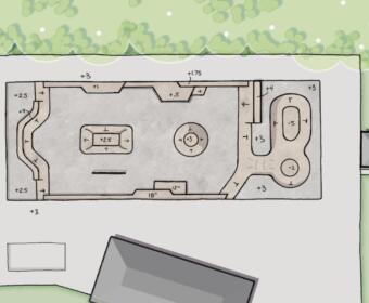 The first concept design for the Bel-Aire Skatepark. Including a fun box, a bowl and half pipe, and four staging areas (Clarksville Parks and Rec).