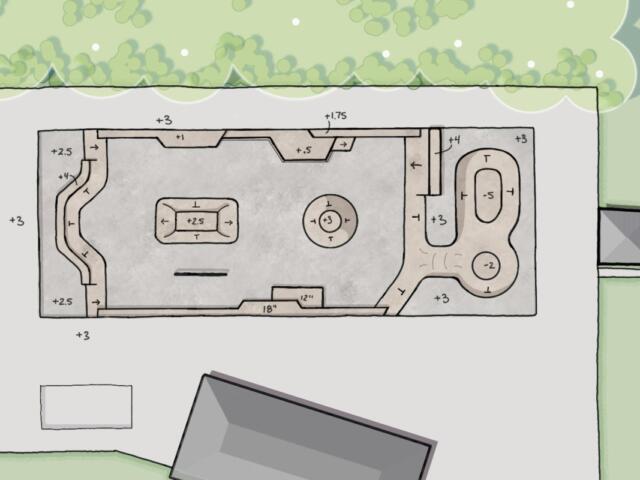 The first concept design for the Bel-Aire Skatepark. Including a fun box, a bowl and half pipe, and four staging areas (Clarksville Parks and Rec).