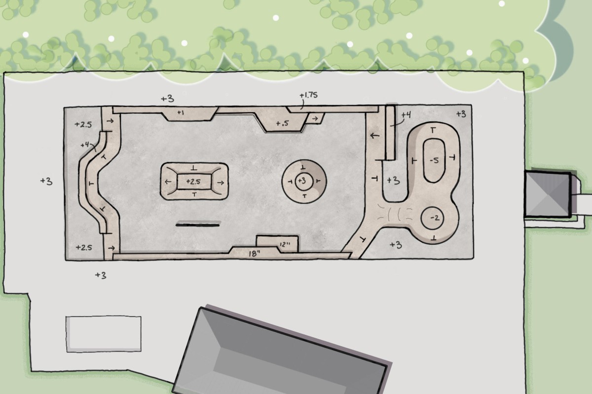 The first concept design for the Bel-Aire Skatepark. Including a fun box, a bowl and half pipe, and four staging areas (Clarksville Parks and Rec).