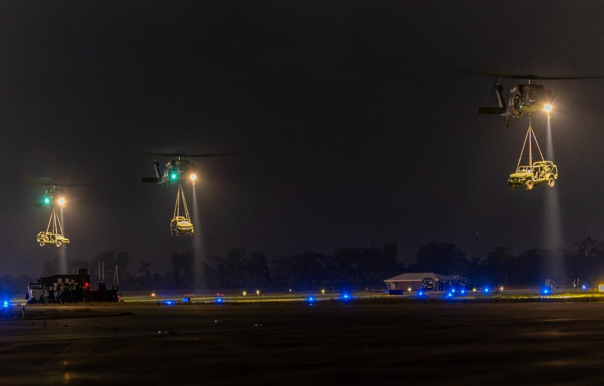 UH-60 Black Hawk helicopters from the 101st Combat Aviation Brigade, 101st Airborne Division (Air Assault) and 82nd Combat Aviation Brigade, 82nd Airborne Division. May 6, 2025.  (U.S. Army photo by Spc. Alexander Goff)