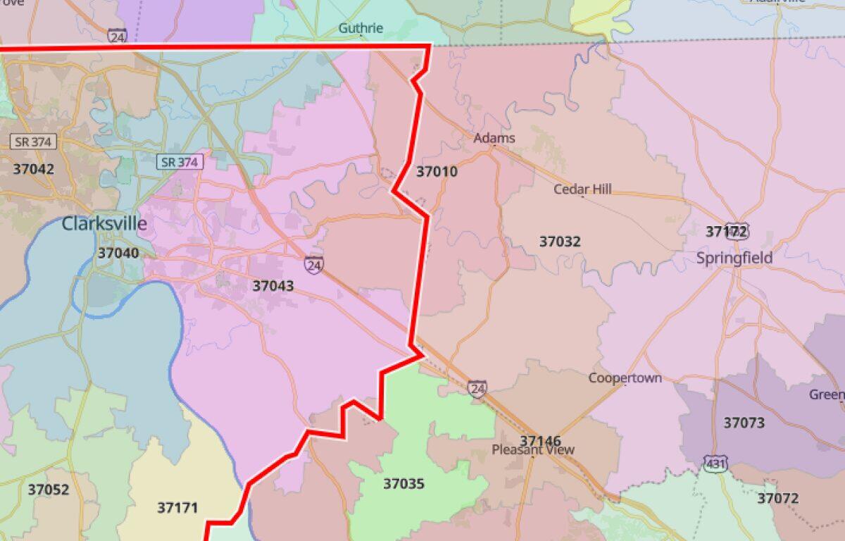 The 37010 zip code, straddling the Montgomery/Robertson County line. (OpenStreetMap, contributed)