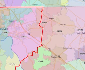 The 37010 zip code, straddling the Montgomery/Robertson County line. (OpenStreetMap, contributed)