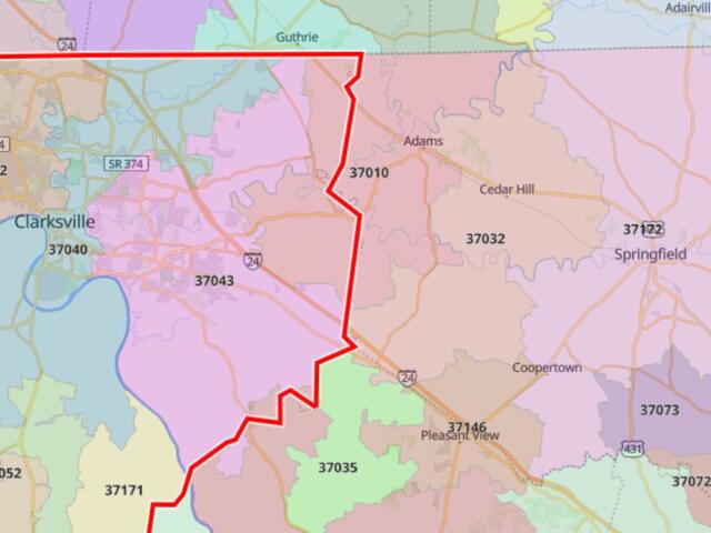 The 37010 zip code, straddling the Montgomery/Robertson County line. (OpenStreetMap, contributed)