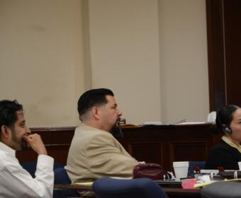 Reynaldo Salinas-Cruz, left, and Sofia Rodas, far right, at the Montgomery County Courts Center on Aug. 25, 2026. (Jazmin Logan)