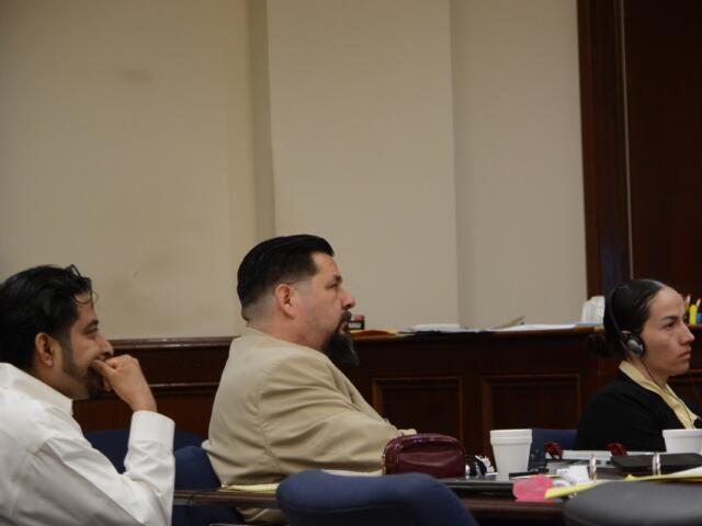 Reynaldo Salinas-Cruz, left, and Sofia Rodas, far right, at the Montgomery County Courts Center on Aug. 25, 2026. (Jazmin Logan)