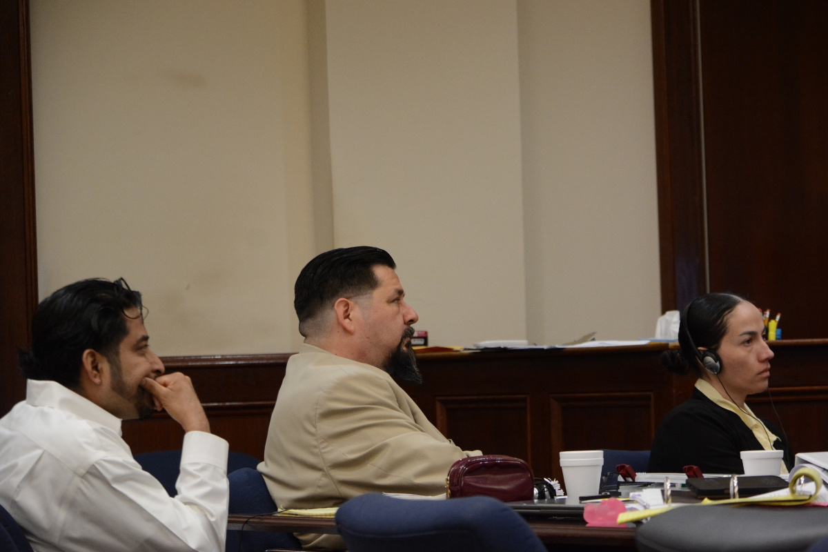 Reynaldo Salinas-Cruz, left, and Sofia Rodas, far right, at the Montgomery County Courts Center on Aug. 25, 2026. (Jazmin Logan)