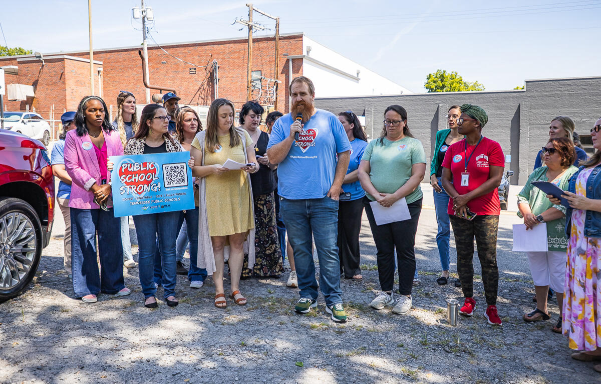 Parents and outside service providers gathered across from the Clarksville-Montgomery County School Board building to voice concerns about new requirements for outside providers working with students in CMCSS schools on August 24, 2026. (Wesley Irvin)