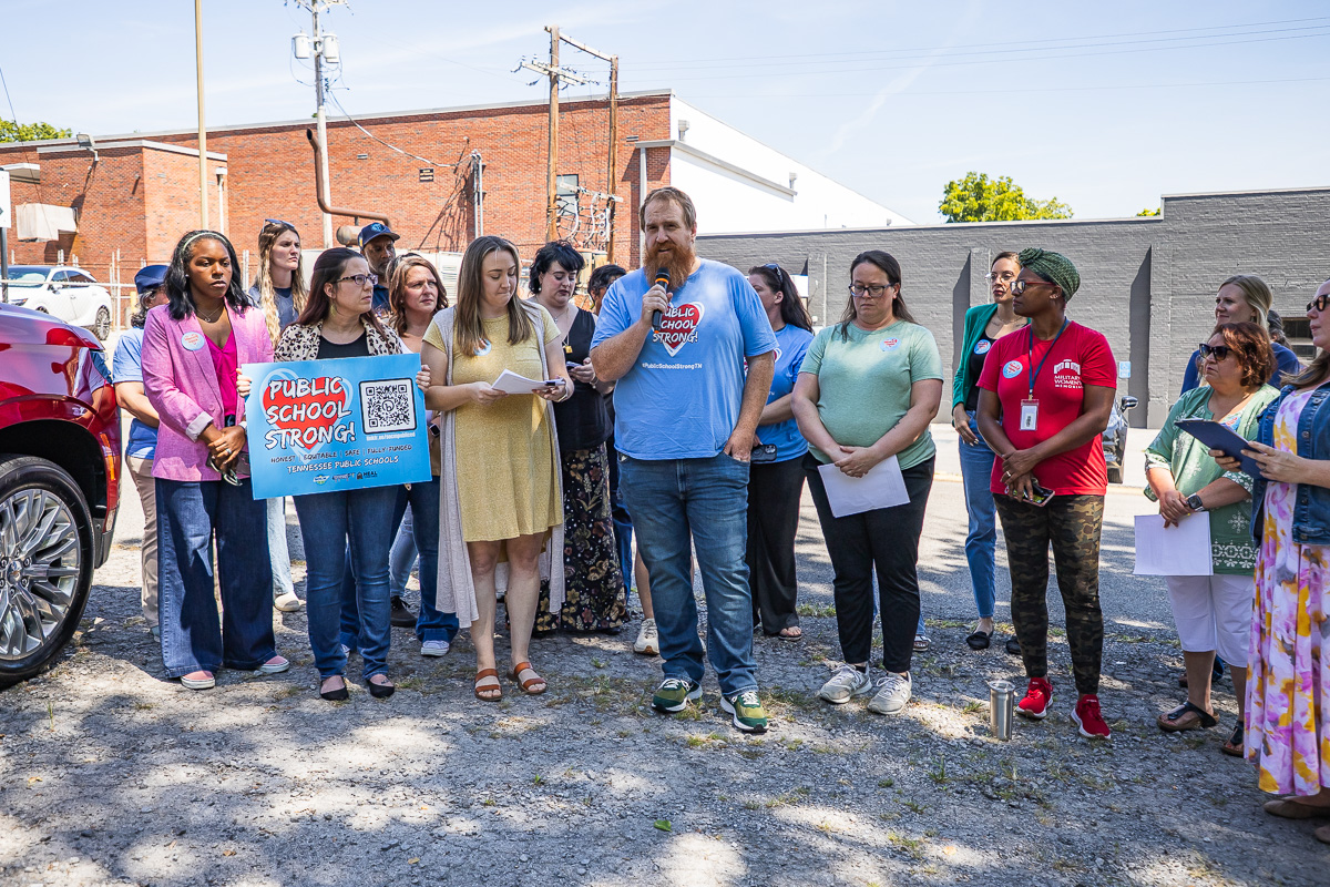 Parents and outside service providers gathered across from the Clarksville-Montgomery County School Board building to voice concerns about new requirements for outside providers working with students in CMCSS schools on August 24, 2026. (Wesley Irvin)