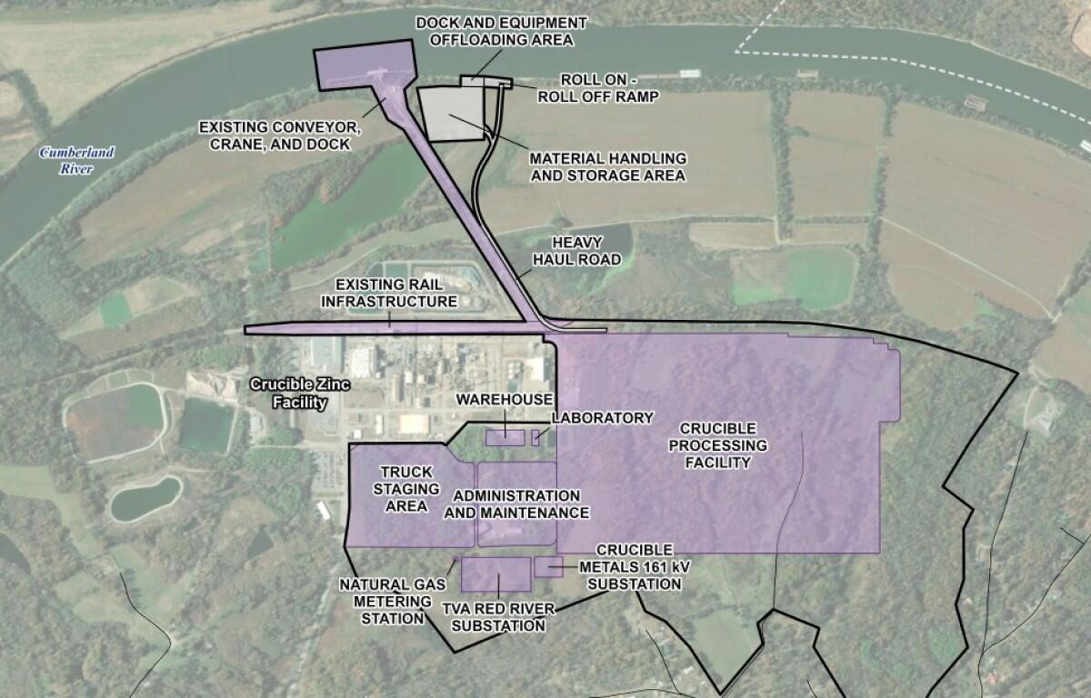 Plans for the new Crucible Metals smelter in Montgomery County. The former Nyrstar facility, at left, has been renamed "Crucible Zinc." (Contributed via CMC EDC)