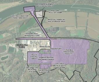 Plans for the new Crucible Metals smelter in Montgomery County. The former Nyrstar facility, at left, has been renamed "Crucible Zinc." (Contributed via CMC EDC)