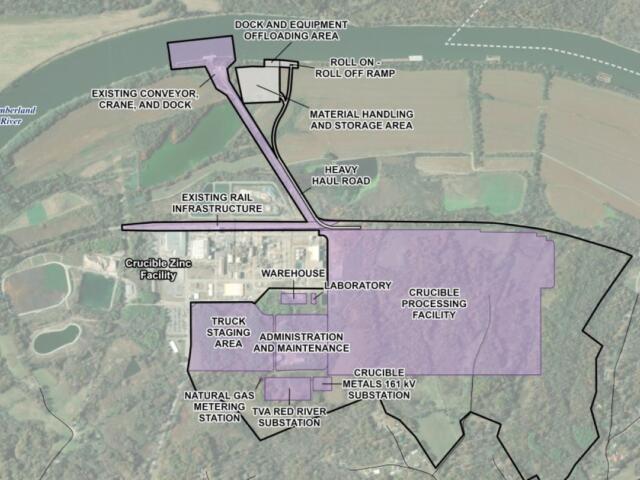 Plans for the new Crucible Metals smelter in Montgomery County. The former Nyrstar facility, at left, has been renamed "Crucible Zinc." (Contributed via CMC EDC)