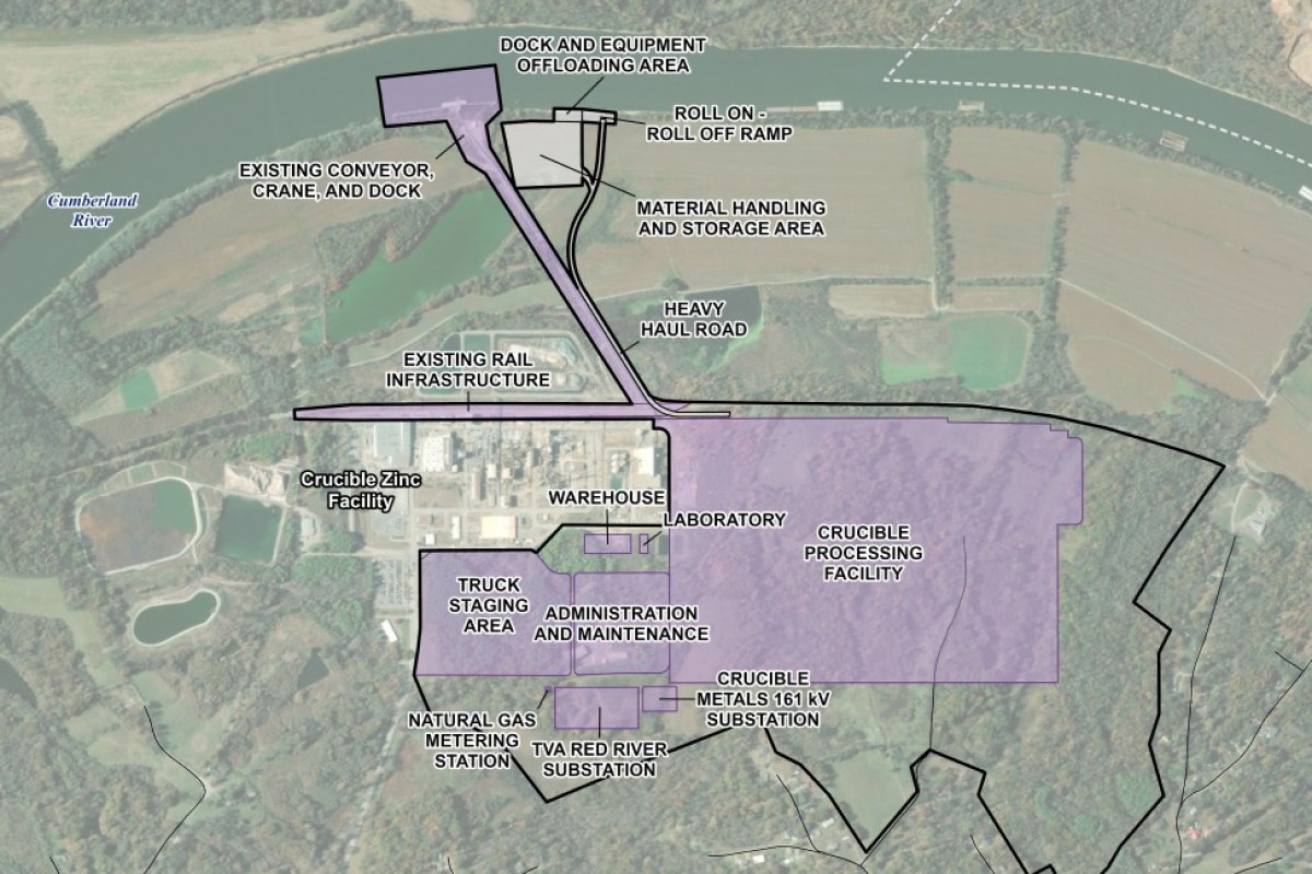 Plans for the new Crucible Metals smelter in Montgomery County. The former Nyrstar facility, at left, has been renamed "Crucible Zinc." (Contributed via CMC EDC)