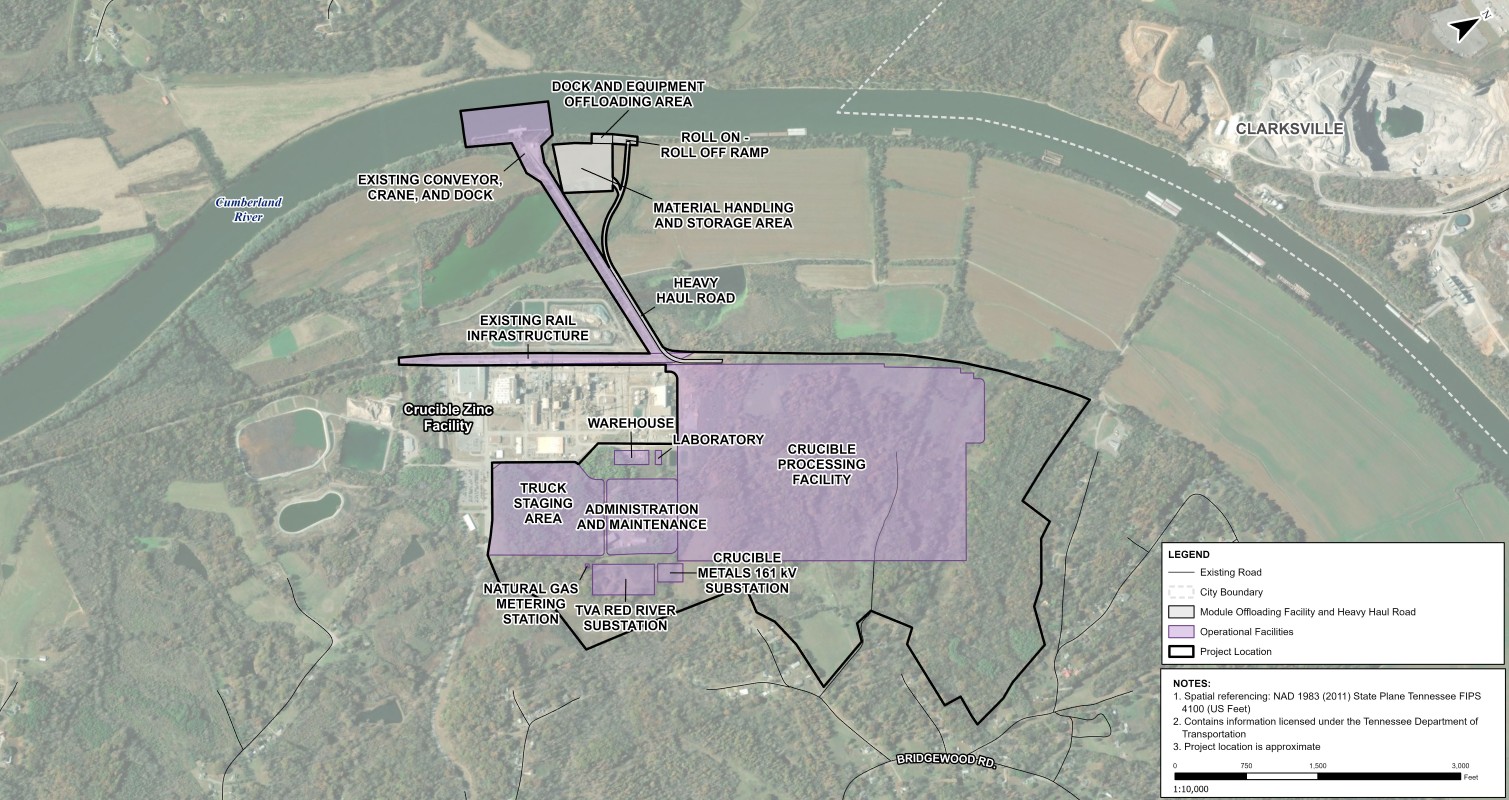 Plans for the new Crucible Metals smelter in Montgomery County. The former Nyrstar facility, at left, has been renamed "Crucible Zinc." (Contributed via CMC EDC)