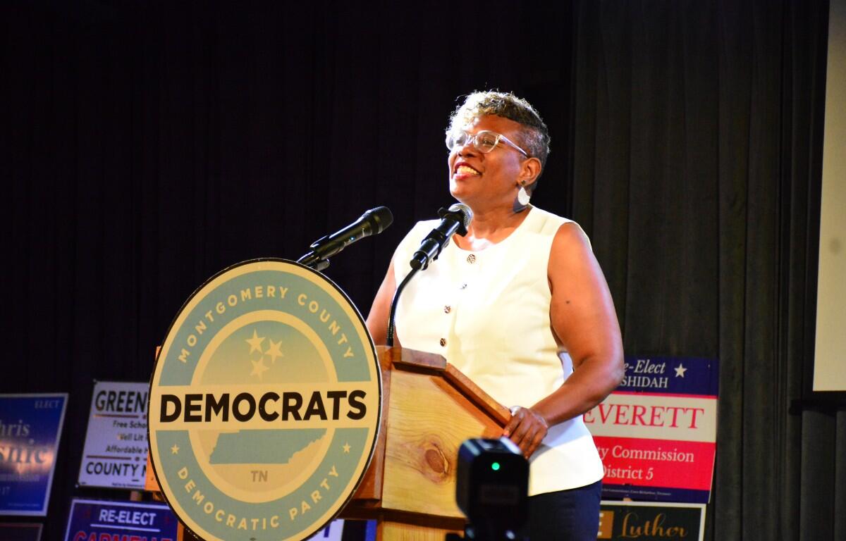 Montgomery County Commissioner Rashidah Leverett at the Democratic watch party at Joker's Comedy Club on Aug. 6, 2026. (Nia Holland)
