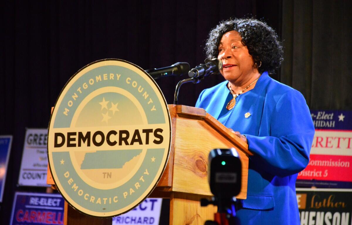 Carol Berry at the Democratic watch party at Joker's Comedy Club on Aug. 6, 2026. (Nia Holland)