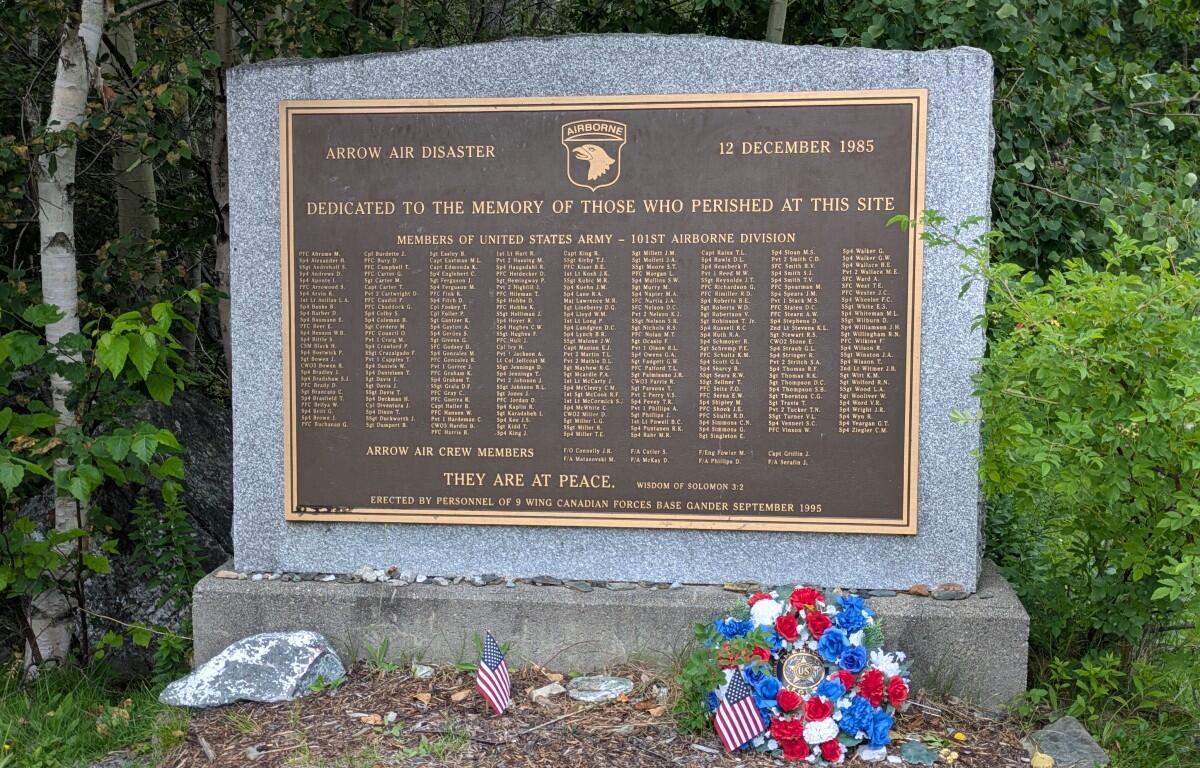 The monument in Gander, Newfoundland, to 101st Airborne Division soldiers and others who were killed in the Dec. 12, 1985, crash. (M.E. Sprengelmeyer, contributed)