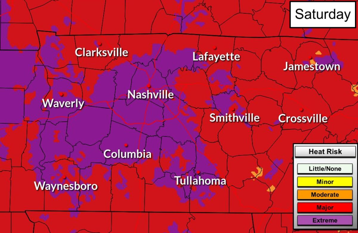 The heat risk forecast for Saturday, Aug. 14, 2026. (National Weather Service, contributed)
