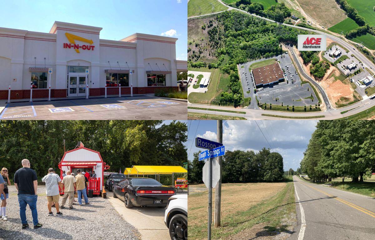 Clockwise from the top left, In-N-Out, grocery plans, planned ICE call center and Chi-Town Hot Dogs.