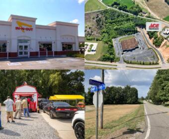Clockwise from the top left, In-N-Out, grocery plans, planned ICE call center and Chi-Town Hot Dogs.