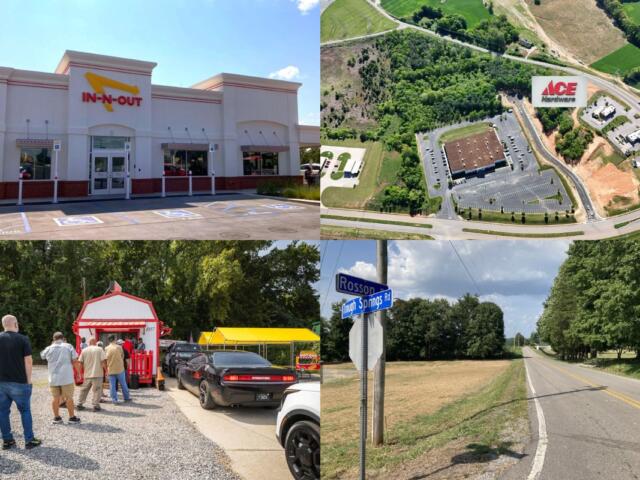 Clockwise from the top left, In-N-Out, grocery plans, planned ICE call center and Chi-Town Hot Dogs.