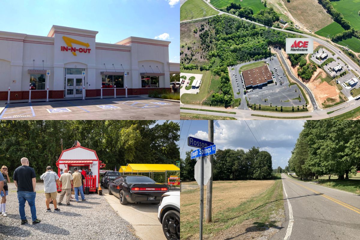 Clockwise from the top left, In-N-Out, grocery plans, planned ICE call center and Chi-Town Hot Dogs.