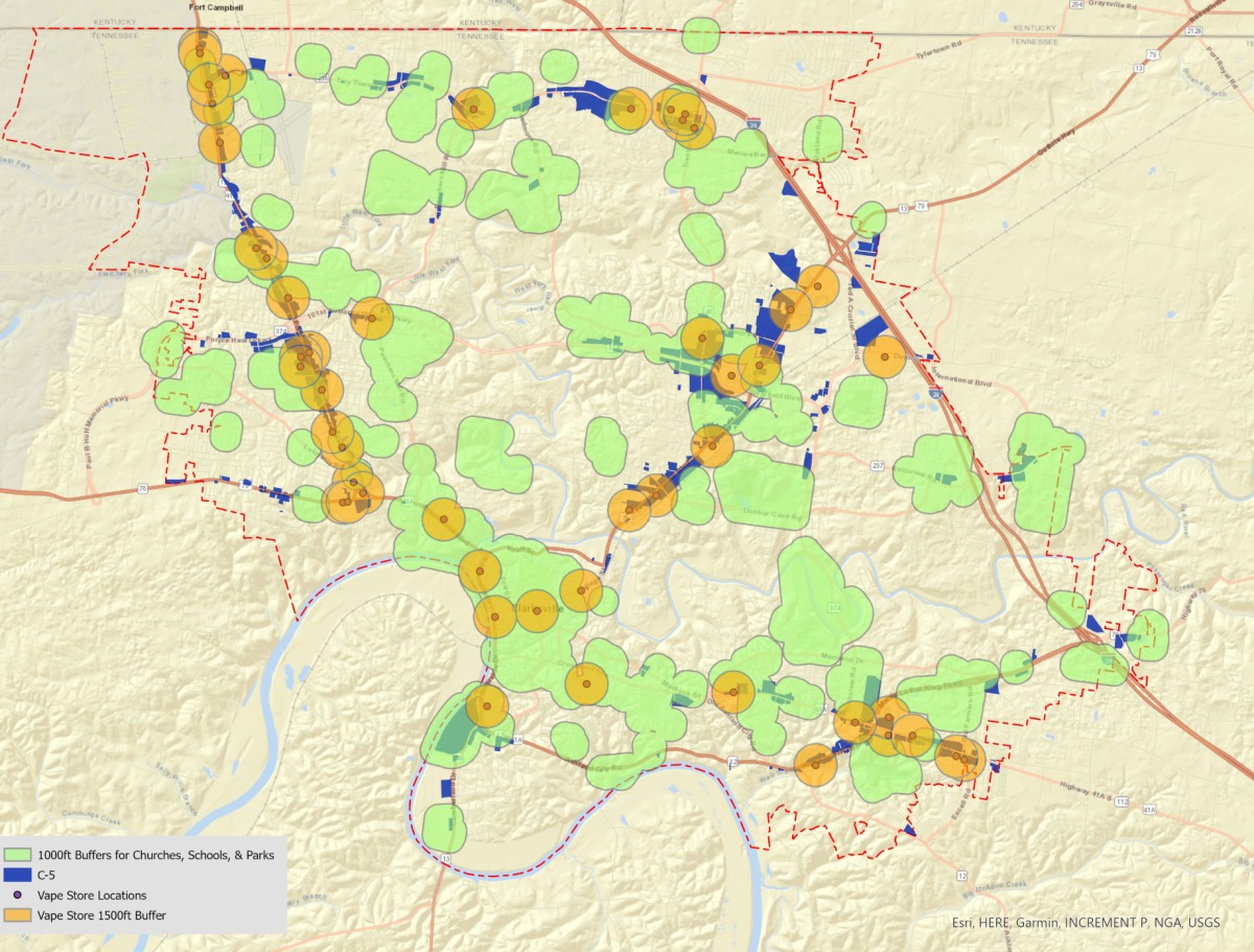 Map showing all C-5 zoning in the city, the 1000-foot buffer in light green, and the 1500 buffer between like businesses. (RPC, Contributed)