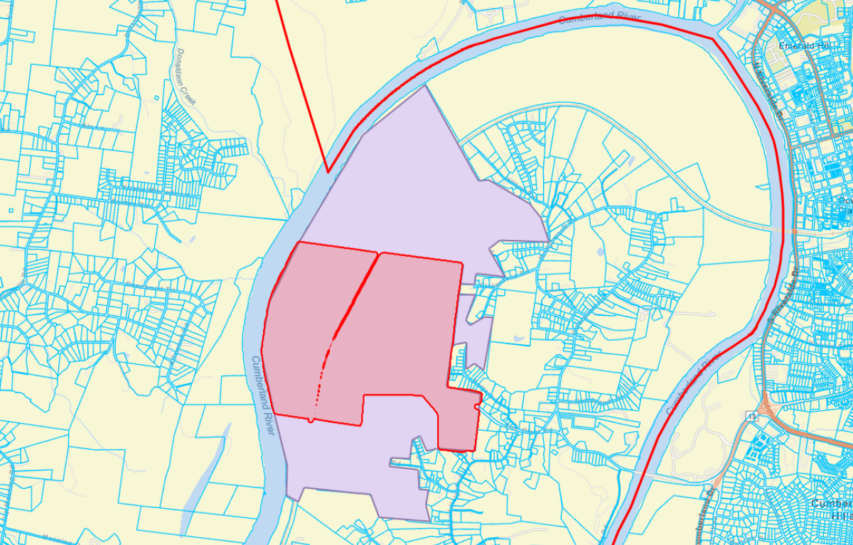 The 1,200-acre Zinc Plant property, with the primary 600-acre industrial-zoned area shown in red and the surrounding agricultural-zoned property in purple. (Chris Smith, via Montgomery County Property Records)