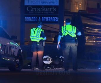 A sedan crashed with a motorcycle on Dover Road on Aug. 23, 2026. (Enrique Hernandez, Dash 10 Media)