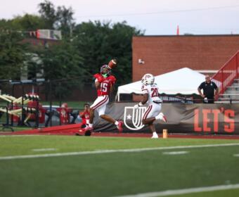 Denver Harper catches a touchdown pass against Gardner-Webb on Thursday, August 27. 2026. (Contributed, APSU Athletics).