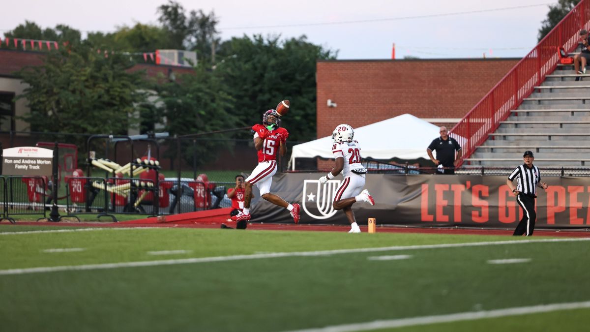 Denver Harper catches a touchdown pass against Gardner-Webb on Thursday, August 27. 2026. (Contributed, APSU Athletics).