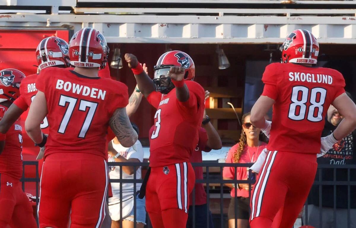 Chris Parson celebrates after scoring a touchdown against Morehead State on September 13, 2025. (Robert Smith, APSU Athletics).