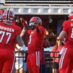Chris Parson celebrates after scoring a touchdown against Morehead State on September 13, 2025. (Robert Smith, APSU Athletics).